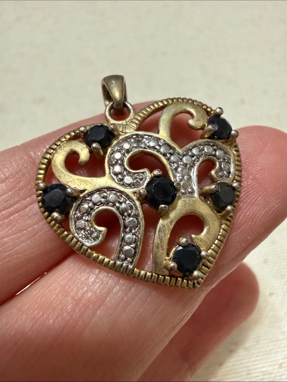 Lovely Sterling Silver 925 Heart Pendant Necklace W/Black & White Stones